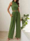 Summer Knitting Casual Suit Sleeveless Round Collar Short Repair Body Broad Leg Pants Two