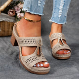 Summer New Large Flat Slope And Hollow Water Drill Women's Shoes High Heel Thick And Cool Slippers