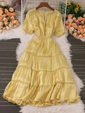 Women Beading Party Dress Vintage V-Neck Short Puff Sleeve High Waist Ruffle Draped Robe Vacation Beach Vestidos 2023