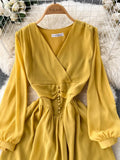 Vintage Women Dress Elegant Orange/Red/Yellow V-Neck Lantern Sleeve High Waist Slim A-Line Vestidos Female New