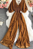 Vintage Women Polka Dot Romper Sexy V-Neck Puff Short Sleeve High Waist Backless Wide Leg Jumpsuits Female New