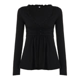 Pure Lust Lace Wood Ear Splicing Long-Sleeved T-Shirt Hottie Sexy Low-Breast V-Neck A Fold Design