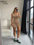 Knitted Mesh Patchwork Rompers Women Sleeveless Trend Spaghetti Strap Skinny Elastic Chic Playsuits Female