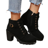 High-Heeled Side Zipper Martin Boots Women's Singles Belt Buckle And Short Boots Round Head Tie And Bare