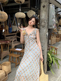 Xixi 2025 Spring New Temperament Lattice Retro High-Waist Dress With Skinny Dress