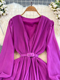Women Draped Long Dress Spring Autumn Elegatn V-Neck Lantern Sleeve High Waist A-Line Pleated Party Maxi Vestidos