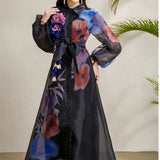 Court Dress Female Senior Sense Strap To The Waist Lantern Sleeve Print Single Buckle Mesh Elegant
