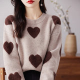 Zingj Dong Lady Long Sleeves Versatile Round Neck Sweater Sweater Jacket Jacket Korean Version Love Jacquard Loose Bottom Shirt-Outfit