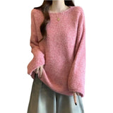 Good-Looking Pink Sea Hair Knitted Shirt Shoulder Sweater Women 2025 Autumn New Large-Size Fat Mm Medium Long