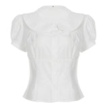 Style Organ Folds Solid Color POLO Collar Short-Sleeved Shirt To Close Short Buckle Umbilical