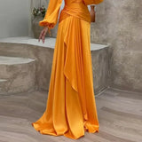 Zingj Summer New Cross Close Waist Fold Long Sleeve Temperament Show Thin Dress-Outfit