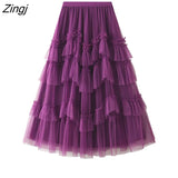 Tulle Purple Green Long Skirts Womens Korean Style Solid High Waist A-Line Tutu Skirt Female Mesh Pleated Maxi