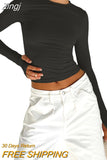 Women Spring Fall Casual Slim Fit Basic Crop Tops Solid Color Long Sleeve Crew Neck Pullover Tight Tee Shirts