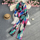 Zingj Suit Women's Casual Loose Long Sleeve Single-Breasted Shirt Two-Piece High Waist Slim Tie-Dye Print Wide-Leg
