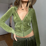 Fashion Green Velour Cropped Zip Up Hoodie Women Autumn Basic Jacket Coat Harajuku Hooded Sweatshirts Solid