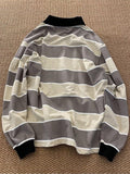 Retro Striped Long-sleeved POLO Shirt Top Men Women Loose Trend Couple BF Lapel Sweatshirt Preppy Hip Hop Cool