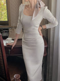 Women Spring Autumn Midi Dress Elegant Bodycon Office Lady Slim One Piece Clothes