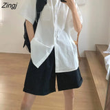 Women Straight Solid Turn-down Collar All-match College Style Ins Street Wear Students New Arrival Button Summer