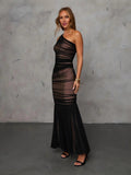 Women's Sexy Yarn Dress Banquet Temperament Evening Dress Repair Slant Shoulder Folds