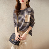 Round Collar Stripe Cashmere Knit Sweater Female Qiu Dong New Style Korean Version Temperament Loose Joker Bottom Unlined Upper