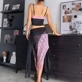 Zingj 2023 New Women's Sexy Lace Color Strap Top With Waist Skirt Suit