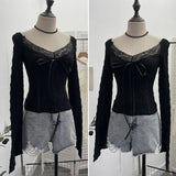 Shooting Merard Wind Strapted Bow Splicing Lace Pure Desire Blouse Folding Body Short Blouse
