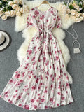 Bohemian Vacation Chiffon Long Dress Women Black/Blue/Pink/Beige Pleated Vestidos Female Ruffle Robe 2023 New