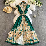 Famous Collar Small Flying Sleeves To Close The Waist Single Buckle Print Dress Female Thin Elegant Temperament