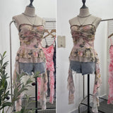 Real Shooting Atmosphere Feels A Mesh Yarn-Print Sling Vest Irregular Ribbon Splicing Lace Sleeveless Top