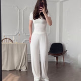 Summer New Women's Round Neck Solid Color Wide Leg Pants Temperament Commut Fashion