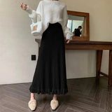 Pleated Patchwork Mid-length A-line Knitted Skirt- Outfit