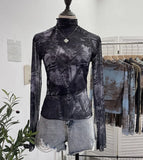 Real Shooting Denim Pattern Dye Printing Retro Babes Thin Mesh T-Shirt High-Necked Long Sleeve Bottom Shirt Top