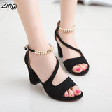 summer sexy fish mouth hollow Roman sandals thick with word with beaded high heels female summer Sexy female