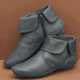 New Women's Boots Large-Size Round Leather Face Boots Suture Side Zipper Martin Boots Flip Large Size Women's