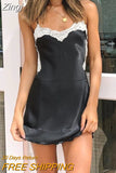 Women Sexy Lace Trim Slip Dress Satin Low Cut Spaghetti Strap Sleeveless Open Back Cami Mini Dress Party