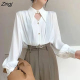 Women Long Sleeve Elegant Leisure All-match Retro Trendy Office Ladies Spring Solid Chemise Femme Clothes Simple