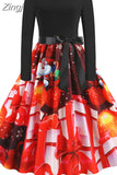 Women Christmas Dress Vintage Robe Swing Elegant Party Xmas Long Sleeve Casual Print Black New Year