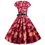 Women Short Sleeve Print Vintage Halloween Party Midi 50s 60s Casual Elegant Summer Floral Dresses Robe Femme