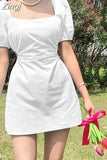 Square Neck Korean Fashion Solid Summer Dress Mini Casual Hollow Out Dresses for Women 2023 Cute Sundress Clothes
