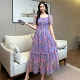 Gentle Wind And Rags Retro Tea Chiffon Dress Female Waist Temperament Shoulder Bubble Sleeve Mesh
