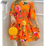 Elegant Fruit Print Off Shoulder Short Sleeve Kawaii Fairy High Waist Pleated A-Line Dress Summer Women's Party