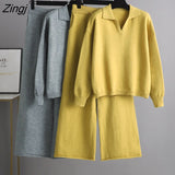 Knitted 2 Pieces Set Women Loose Oversize Tracksuits Turn-down Collar Sweater Pullover +High Waist Wide Leg Pants