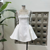 British Spring Fashion White Rich Beauty Light Luxury Strap Hand Nail Drill Collar Small Dress