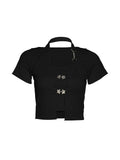 Sweet Cute Crop Top Pullovers Summer Short Sleeve Vintage Streetwear T Shirt Women Skin Button Prepply Korean E-girl