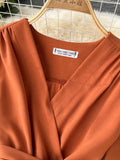 Women Purple/Red/Green Bandage Pleated Midi Dress Female Vintage V-Neck Short Sleeve High Waist A-Line Draped