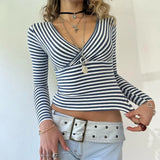 Zingj Hot Girl Wind Stripe Contrast Color Base Long-Sleeved T-Shirt V-Neck Slim Slim Thin Crop