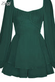 Women Boho Romper Long Sleeve Double Layer Ruffle Hem Chiffon Short Fairy Princess Mini Dress Jumpsuit