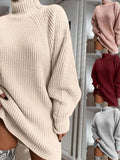 Turtleneck Oversized Knitted Dress Autumn Solid Long Sleeve Casual Elegant Mini Sweater Dress Winter Clothes-Outfit