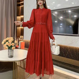 New V-Neck Single-Drenchee Chiffon French Retro Dress Thin A-Character Long Dress Women's Bubble