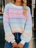 And Winter Hooded Striped Round-Neck Knitted Loose Long-Sleeved Large-Size Rainbow Sweater Women's
